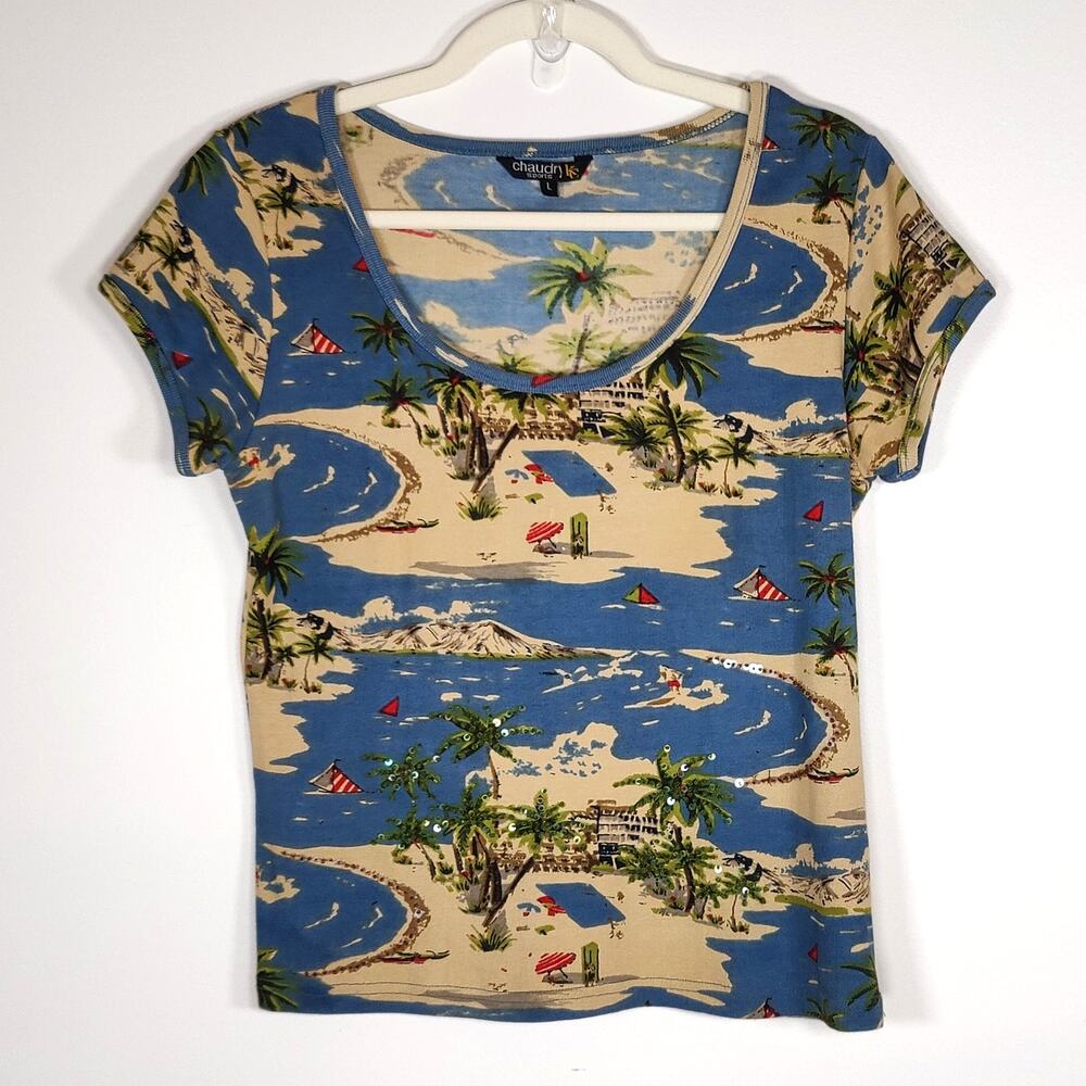 Chaudhry Sports Cotton‎ Tropical Island Print Tee Beach Top L